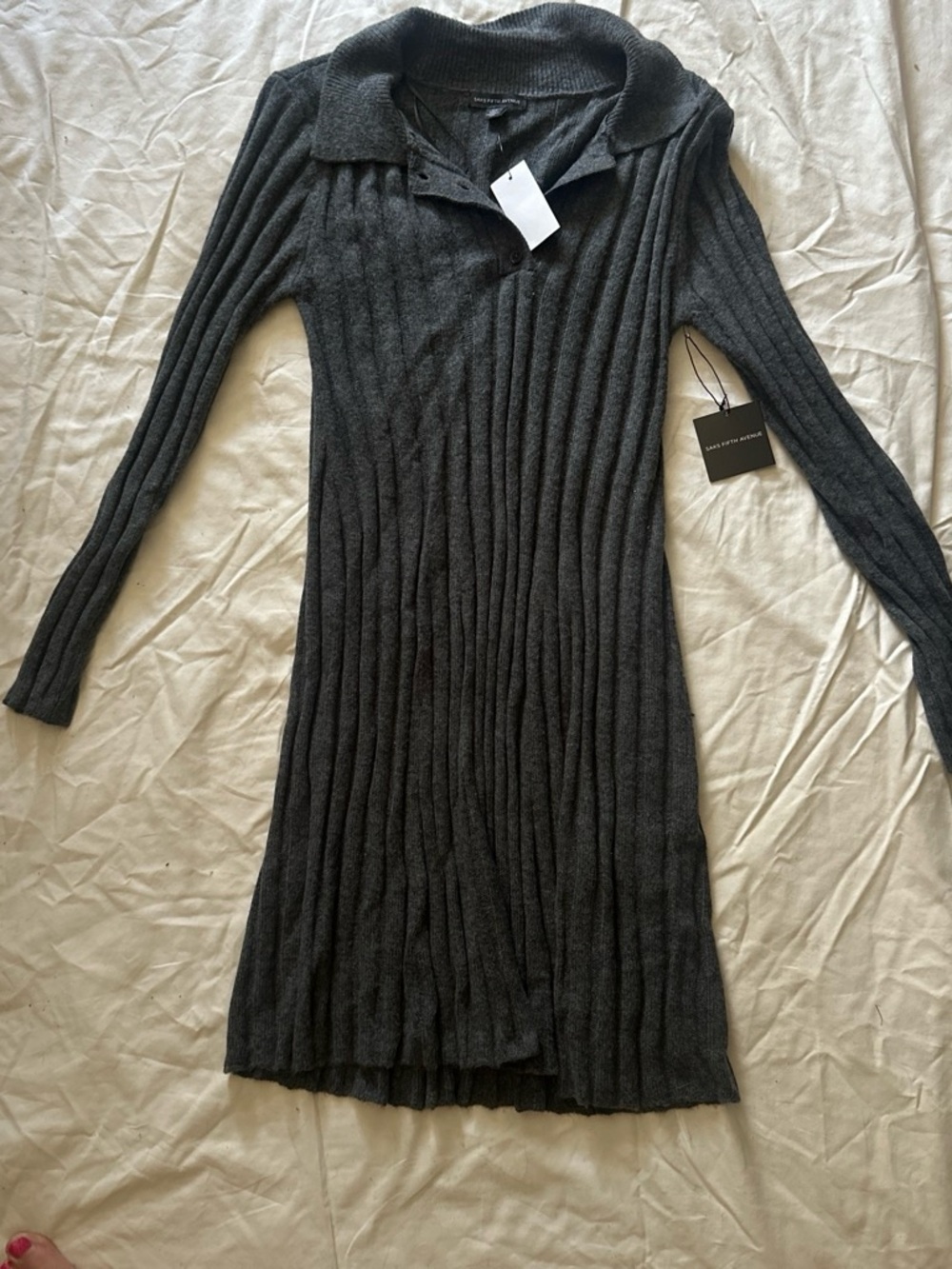 Saks Fifth Avenue Gray Ribbed Button Dress